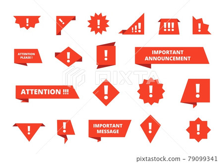 Important message banners. Text information, attention please notice badges. Isolated red danger announce, risk caution utter vector signs set Important message banners. Text information, attention please notice badges. Isolated red danger announce, risk caution utter vector signs set 79099341