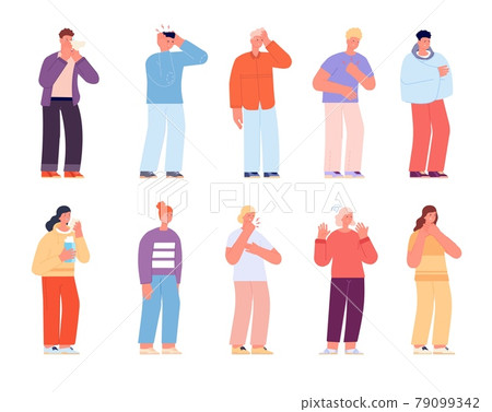Cold symptoms. Flu sick, influenza disease with fever coughing and vomiting. Cartoon people ill, woman man with seasonal allergy utter vector set Cold symptoms. Flu sick, influenza disease with fever coughing and vomiting. Cartoon people ill, woman man with seasonal allergy utter vector set 79099342