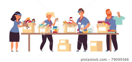 Donation boxes. Food help, volunteers shelter services. People donate products, toys, medications. Migration aid charity decent vector flat concept Donation boxes. Food help, volunteers shelter services. People donate products, toys, medications. Migration aid charity decent vector flat concept 79099366
