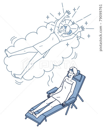 Isometric of a woman sitting in a chair that is well-equipped in the open air bath Isometric of a woman sitting in a chair that is well-equipped in the open air bath 79099761