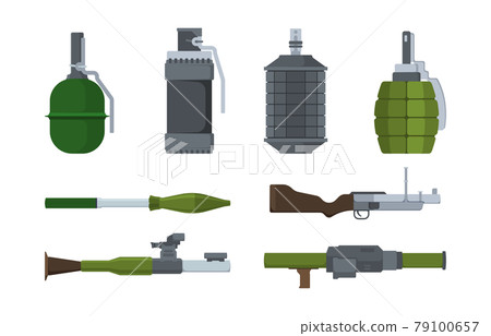 Weapons. Heavy artillery military items grenade launchers bazookas bombs explosives detonators tnt garish vector cartoon weapons collection 79100657
