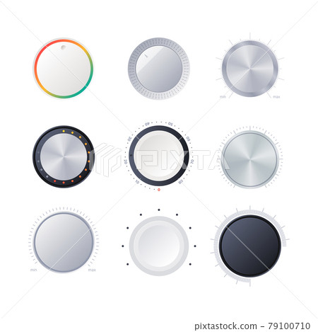 Round scale indicators. Amplifier power volume tuner sound digital radial controller garish vector infographic objects 79100710