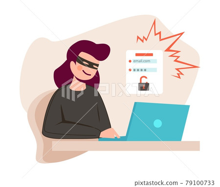 Woman hacker. Young girl cybercrime, female hacking account of social media or online bank vector concept 79100733