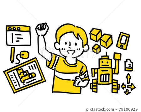 Tablet robot programming boy hand drawn illustration Tablet robot programming boy hand drawn illustration 79100929