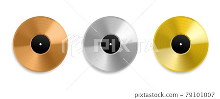 Realistic vinyl record. Metal golden and platinum top charts audio discs, music awards albums, silver and rose gold layouts mockup. Songs and singers prize. Vector isolated set Realistic vinyl record. Metal golden and platinum top charts audio discs, music awards albums, silver and rose gold layouts mockup. Songs and singers prize. Vector isolated set 79101007