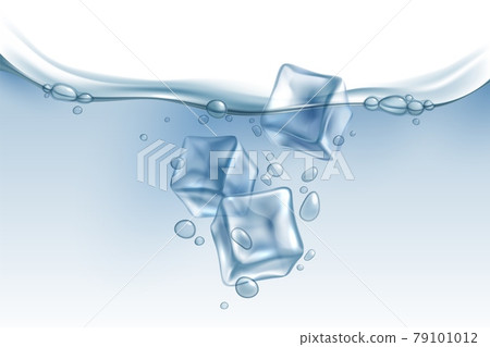 Realistic ice cubes in water. Iced pieces falling in aqua, air bubbles in clear liquid. Beverage with frozen blocks, cold soda drink or cocktail. Advertising backdrop, vector background 79101012