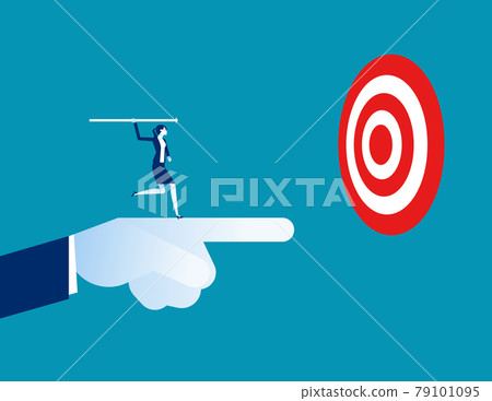 Leader pointing to target with colleague throwing the arrow as symbol of finding success 79101095