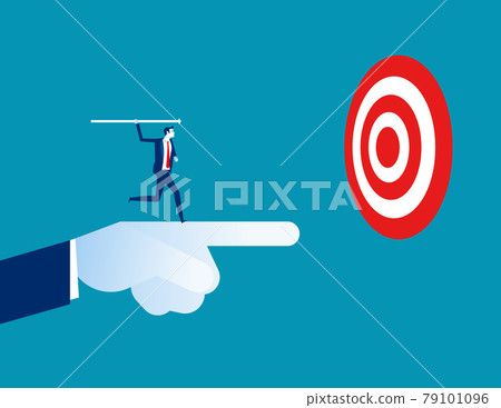 Leader pointing to target with colleague throwing the arrow as symbol of finding success 79101096