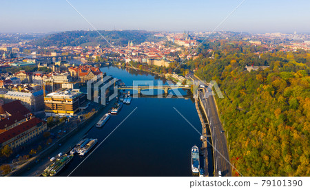 Aerial view of the Vltava river and the capital Prague 79101390