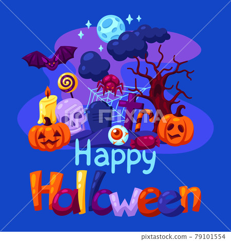 Happy Halloween greeting card with celebration items. Illustration or background for party. 79101554