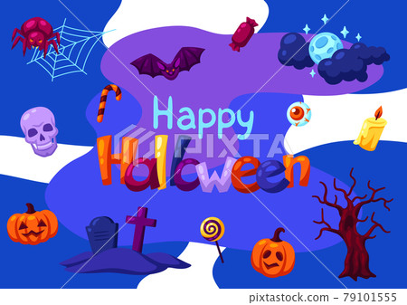 Happy Halloween greeting card with celebration items. Illustration or background for party. 79101555
