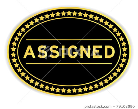 Black and gold color oval label sticker with word assigned on white background 79102090