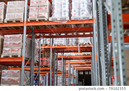 Racks with packed goods in warehouse Racks with packed goods in warehouse 79102355