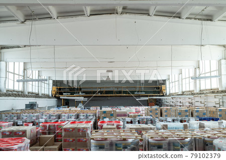 Large warehouse or storage room with packed goods Large warehouse or storage room with packed goods 79102379