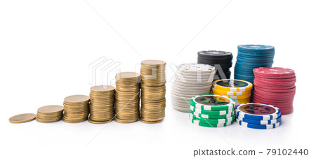 Casino chips and money golden coins stack for games like poker, card and blackjack, roulette. Betting club and gamble 79102440