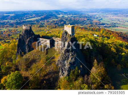 Aerial view of ruined Trosky Castle in Bohemian Paradise 79103305