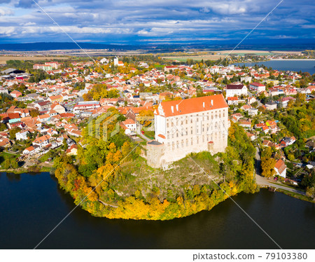 Aerial view of medieval castle Plumlov. City of Plumlov. Czech Republic Aerial view of medieval castle Plumlov. City of Plumlov. Czech Republic 79103380
