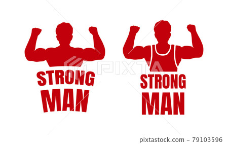 Strongman logos on white background. Vector illustration of a man showing off his biceps. 79103596