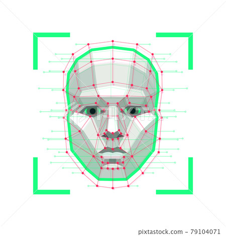 Facial Recognition System concept. Face ID verification services or biometric scanning. System of face recognition for person Identification. Vector illustration. Facial Recognition System concept. Face ID verification services or biometric scanning. System of face recognition for person Identification. Vector illustration. 79104071