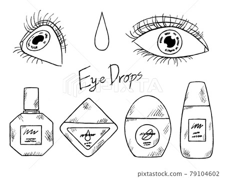 Black and white handwritten illustration image of eyes and eye drops Black and white handwritten illustration image of eyes and eye drops 79104602