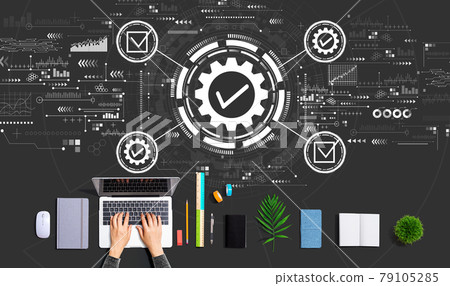 Quality control approval with person using a laptop Quality control approval with person using a laptop 79105285