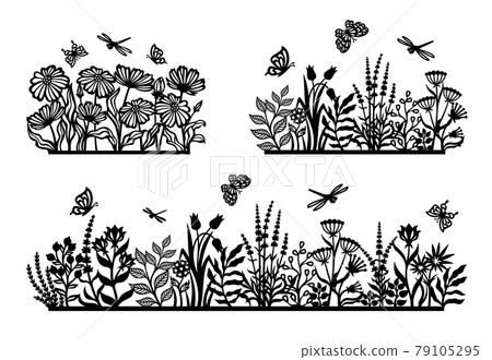 Set of black silhouettes of flower meadow. Flowerbed, field, garden with herbs, plants, leaves, chamomiles, poppies, lavender, insects, butterfly, dragonfly. Spring, summer nature themes. Vector Set of black silhouettes of flower meadow. Flowerbed, field, garden with herbs, plants, leaves, chamomiles, poppies, lavender, insects, butterfly, dragonfly. Spring, summer nature themes. Vector 79105295