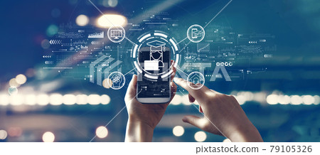 Distance learning theme with person using smartphone Distance learning theme with person using smartphone 79105326