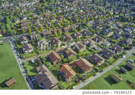 Aerial view of a holiday home settlement at the edge of a Bavarian small town 79106525