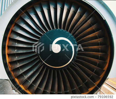 Front of the jet engine of a passenger aircraft, close-up view 79106592