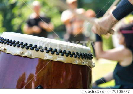 Close-up of a large Taiko drum for traditional Japanese drummers Close-up of a large Taiko drum for traditional Japanese drummers 79106727