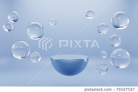 Podium with air bubbles spheres on blue aqua background. Mock up abstract geometric hemisphere stage, empty platform with liquid balls or drops for display product underwater Realistic 3d illustration 79107587
