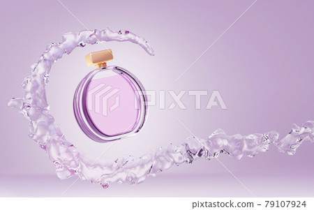 Cosmetic bottle perfume in stream splash water mock up banner. Glass round container with pink liquid and gold cap. Cosmetics beauty product isolated on purple background. Realistic 3d illustration Cosmetic bottle perfume in stream splash water mock up banner. Glass round container with pink liquid and gold cap. Cosmetics beauty product isolated on purple background. Realistic 3d illustration 79107924