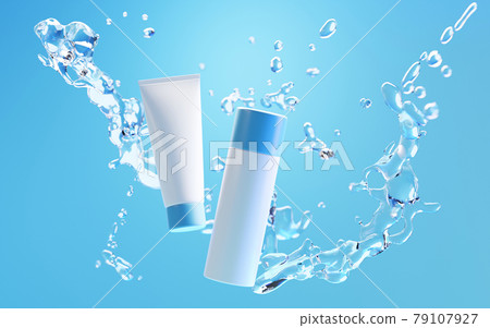 Cosmetic products in water splash on blue background. Skin care cleansing toner or lotion in white bottles and tube falling in water surface. Realistic 3d illustration empty packaging mock up banner 79107927