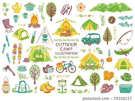 戶外休閒野營燒烤圖標插圖集 79108217