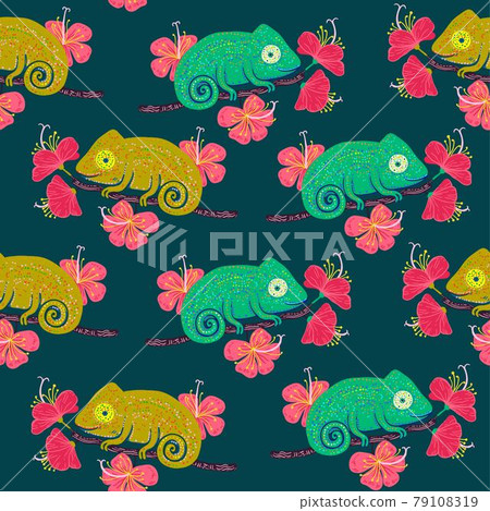 Chameleon on a branch with hibiscus flowers seamless pattern  79108319