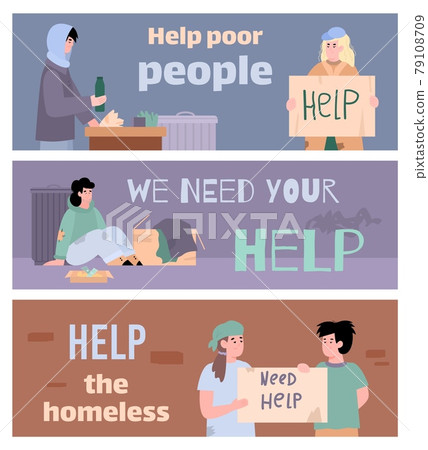 Poor homeless adult people and children living at city streets needy in charity. 79108709