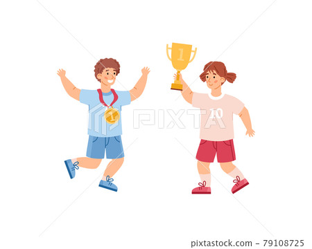 Boy and girl champions with gold cup and medal flat vector illustration isolated. Boy and girl champions with gold cup and medal flat vector illustration isolated. 79108725