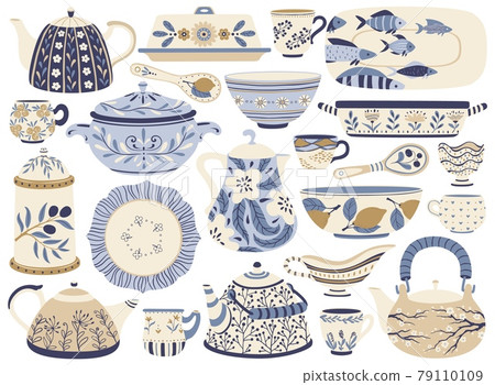 Ceramic pottery. Porcelain teapots, kettles, cups, mugs, bowls, plates, jugs. Faience kitchen crockery or tableware with decorations vector set Ceramic pottery. Porcelain teapots, kettles, cups, mugs, bowls, plates, jugs. Faience kitchen crockery or tableware with decorations vector set 79110109