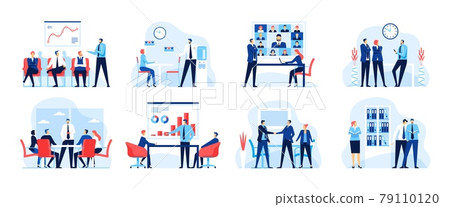 Business meeting. Office workers at video conference meeting. Businesspeople working together. Successful partnership, teamwork vector concept set Business meeting. Office workers at video conference meeting. Businesspeople working together. Successful partnership, teamwork vector concept set 79110120