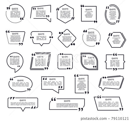 Quote shapes. Black texting frames, quotes boxes with quotation marks. Speech bubble, mention text frame, citation box template vector set 79110121