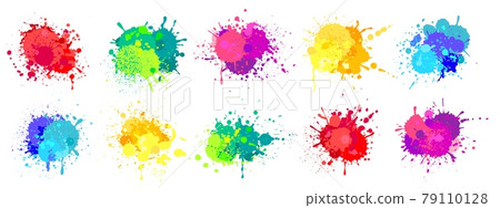 Paint splatter. Colorful spray paints splashes, rainbow colored ink stains, drops, blot. Abstract grunge color painted stains vector set Paint splatter. Colorful spray paints splashes, rainbow colored ink stains, drops, blot. Abstract grunge color painted stains vector set 79110128