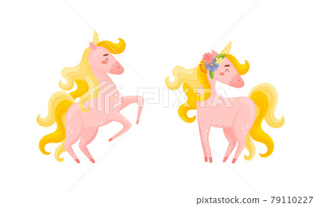 Pink Unicorn with Slender Legs and Golden Mane Vector Set 79110227