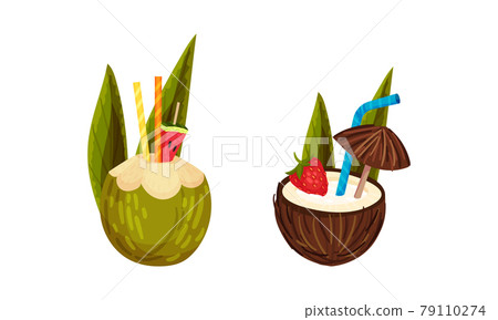 Exotic Cocktails with Straw and Umbrella Poured in Coconut Fruit Vector Set 79110274