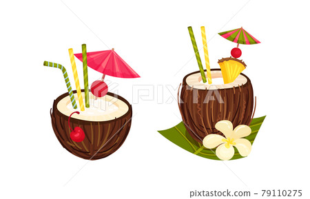 Exotic Cocktails with Straw and Umbrella Poured in Coconut Fruit Vector Set Exotic Cocktails with Straw and Umbrella Poured in Coconut Fruit Vector Set 79110275