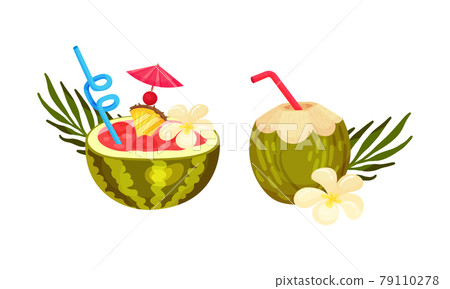 Exotic Cocktails with Straw and Umbrella Poured in Coconut and Watermelon Fruit Vector Set 79110278