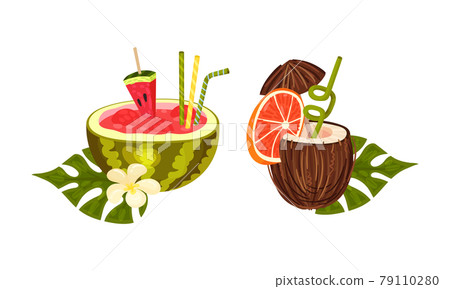 Exotic Cocktails with Straw and Umbrella Poured in Coconut and Watermelon Fruit Vector Set Exotic Cocktails with Straw and Umbrella Poured in Coconut and Watermelon Fruit Vector Set 79110280