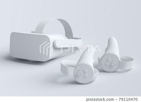 Virtual reality glasses and controllers for online gaming on white background 79110470