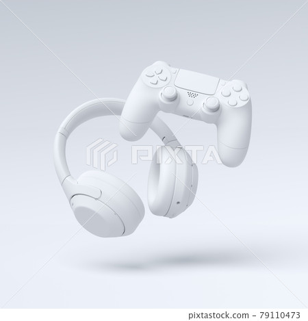 Flying gamer gears like headphones and joystick on white background Flying gamer gears like headphones and joystick on white background 79110473