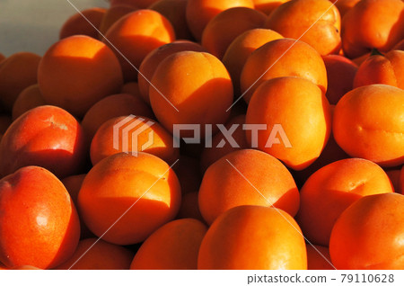 Ripe apricot fruits on Fuchal farm market, Madeira. Selective focus. Ripe apricot fruits on Fuchal farm market, Madeira. Selective focus. 79110628