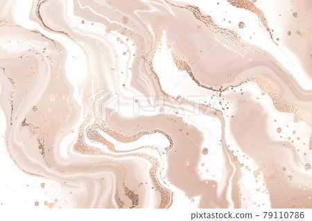 Abstract dusty rose liquid marble or watercolor background with glitter foil textured stripes. Pastel marbled alcohol ink drawing effect. Vector illustration design template for wedding invitation 79110786